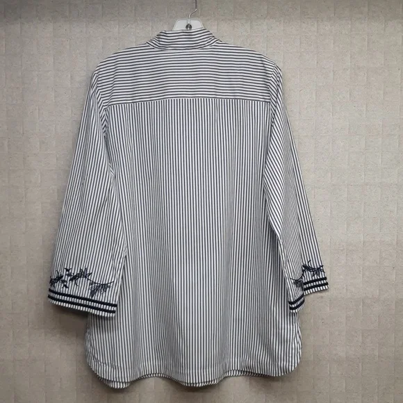 Chico's Navy and White Embroidered Striped Tunic Blouse - Picture 6 of 9
